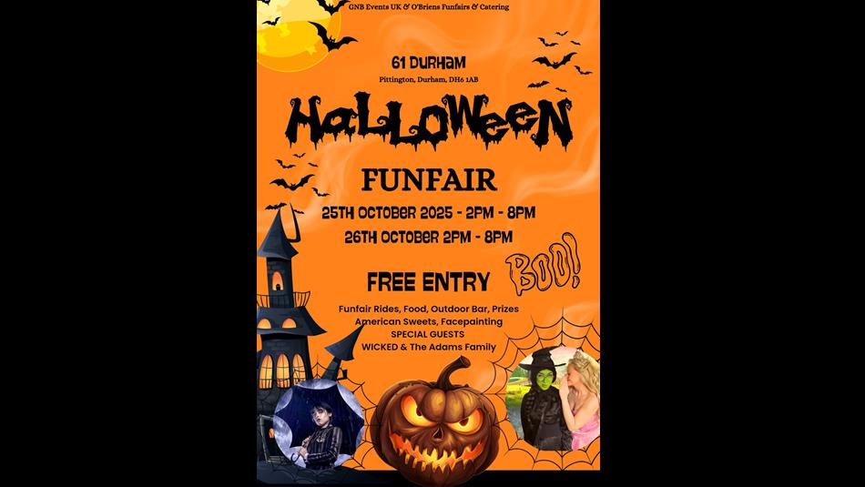 Poster shows spooky bats, pumpkins, houses, witches and Wednesday Addams.