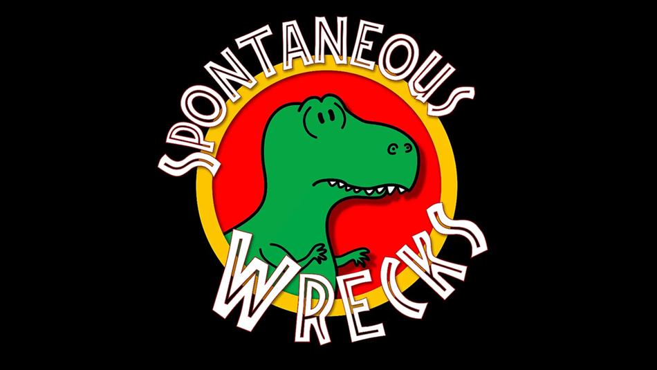 Illustration of a green dinosaur and text which reads 'Spontaneous Wrecks'.