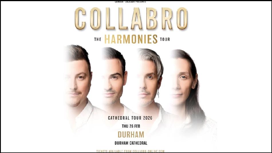 Collabro: The Harmonies Tour. Poster shows half of the faces of four members of the group