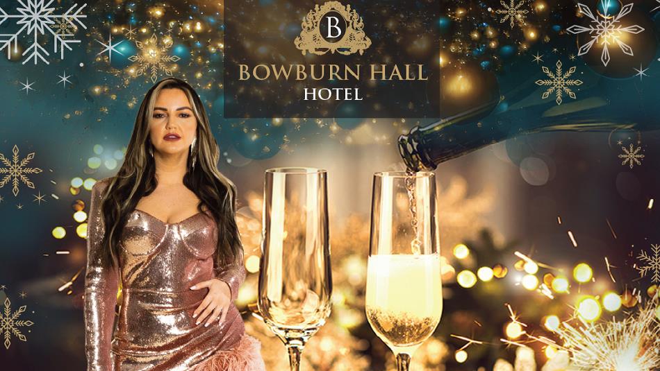 Natalie Hallett in a sparkly dress, against a background of champagne, fireworks and snowflakes.