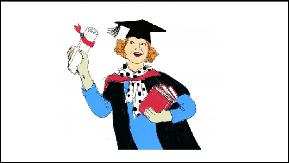 Cartoon illustration of 'Rita' from 'Educating Rita', an Open University Student carrying books and a diploma.