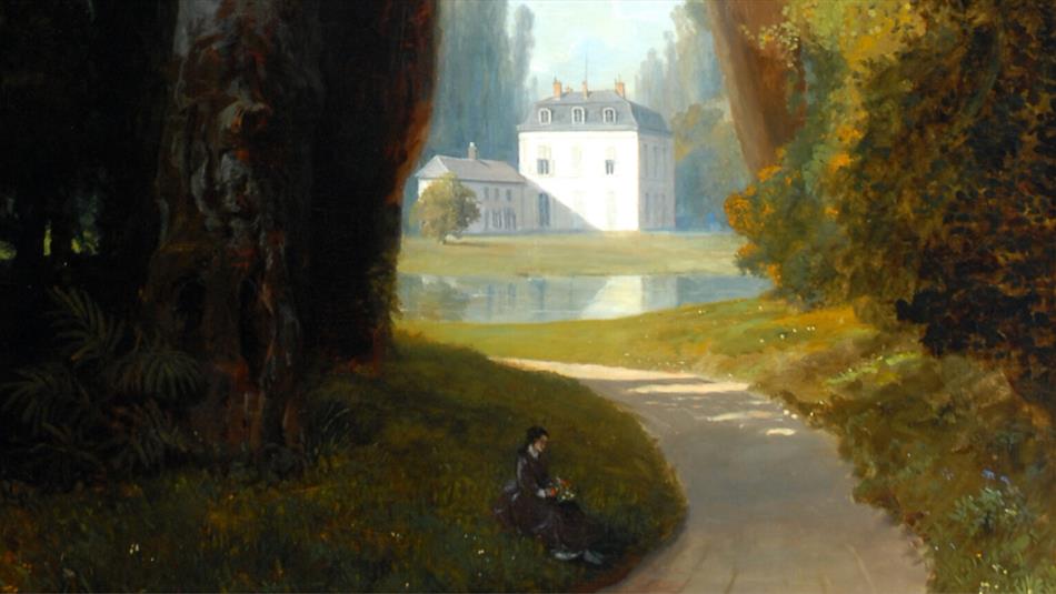 Painting of a country lane which leads to a lake, and a beautiful château.