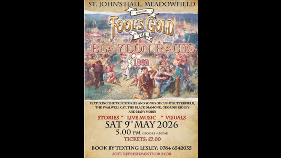Fools Gold Blaydon Races poster showing a painting of people and their dogs enjoying the Blaydon Races.