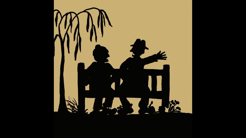 Illustration of the silhouettes of two people sitting on a  bench