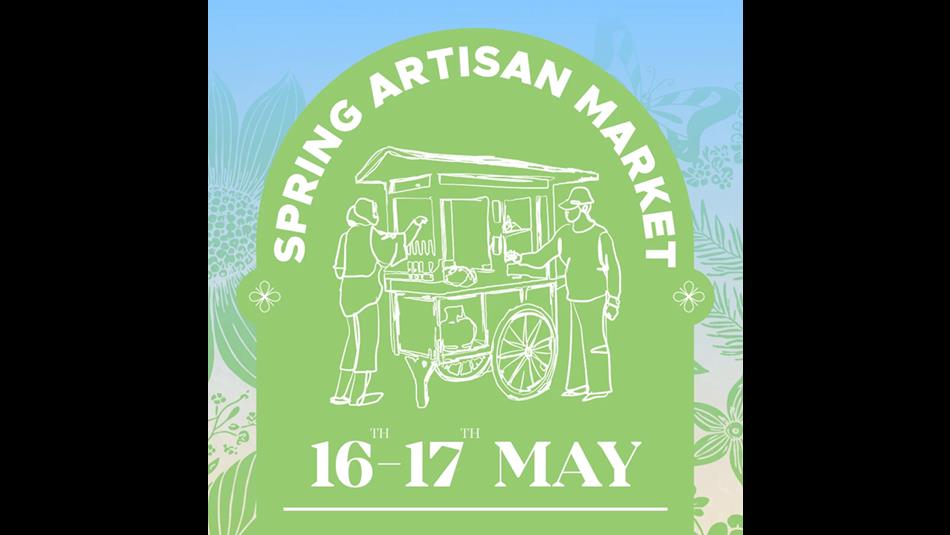 Spring Artisan Market. Illustration of two people at a market stall.