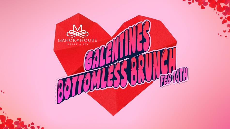 Galentines Bottomless Brunch Feb 14th. Poster shows a border of hearts.