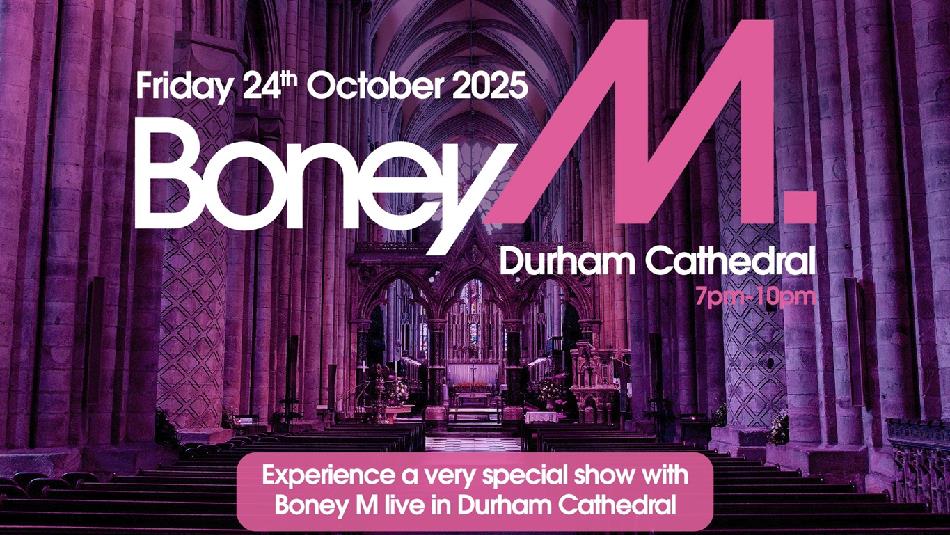 Poster reads, 'Boney M. Durham Cathedral' and background image shows Durham Cathedral's Nave in a purple hue.