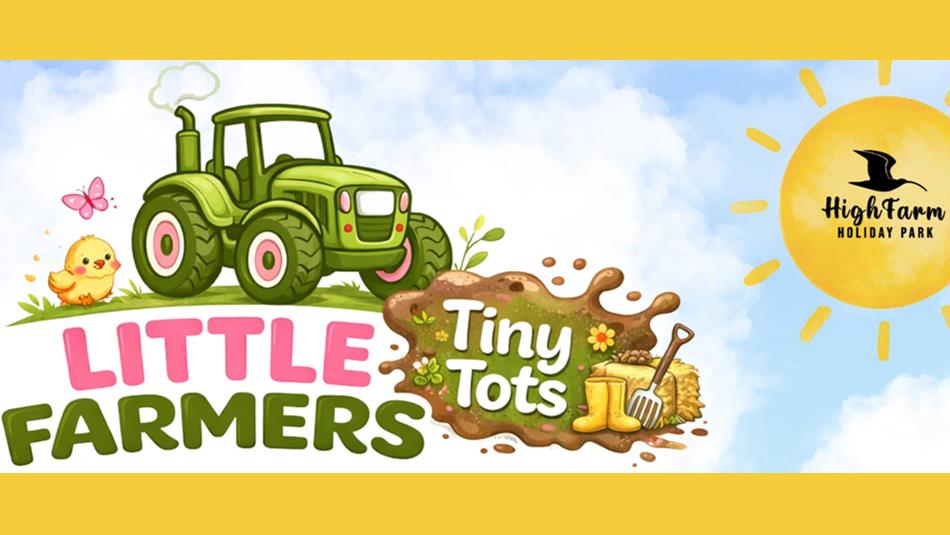 Little Farmers - Tiny Tots. Illustration of a tractor on a hill against a background of blue sky and sunshine.