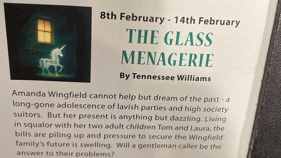 8th - 14th February - The Glass Menagerie by Tennessee Williams. poster shows a ghostly unicorn.