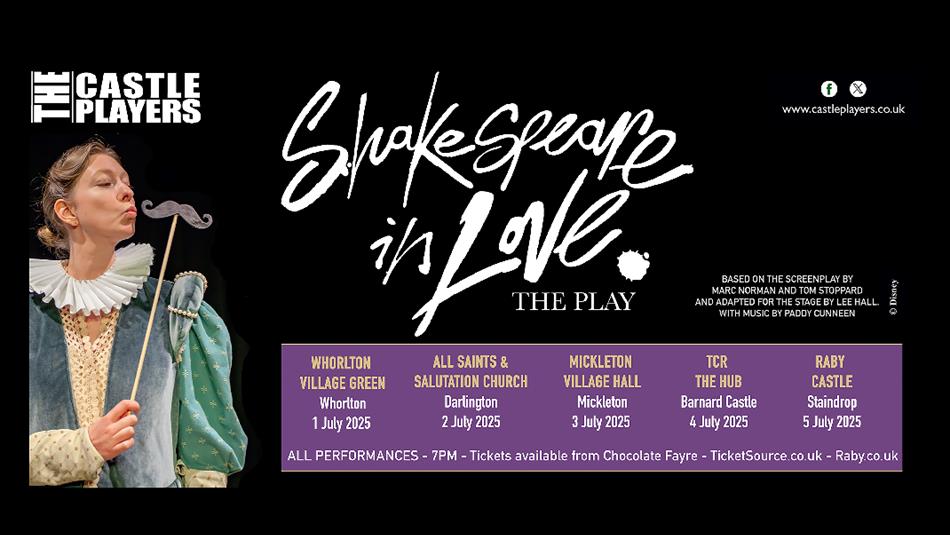A person dressed in Shakespearean clothing, holding up a moustache on a stick in front of their face. Poster, 'Shakespeare in Love'.