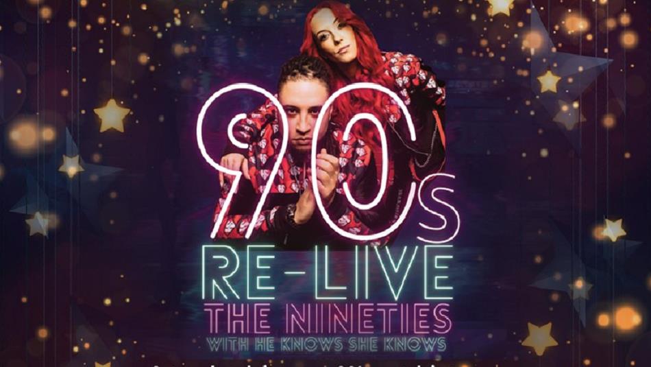 'Re-Live the Nineties' - Shanna and Silvar posing together against a background of fairy lights and twinkly stars.