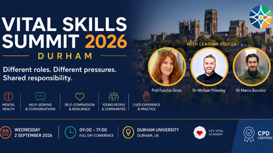 Promotional banner for Vital Skills Summit 2026 in Durham. The design has a dark navy background with Durham Cathedral pictured behind three speakers.
