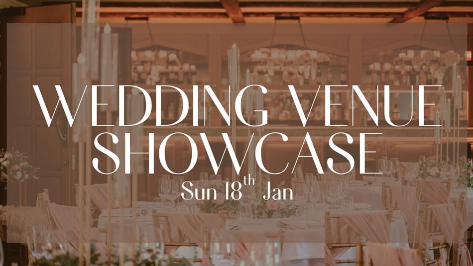 Text reads, 'Wedding venue showcase Manor House Hotel. Sun 18th Jan' against a background of a beautiful room with tables set for a wedding reception.