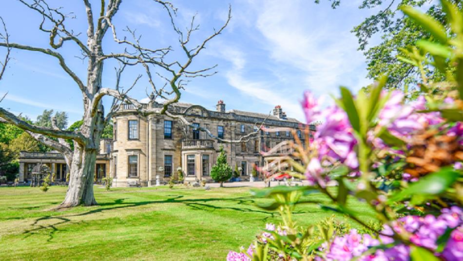 Beamish Hall Country House Hotel exterior, with purple spring flowers emerging in the foreground.