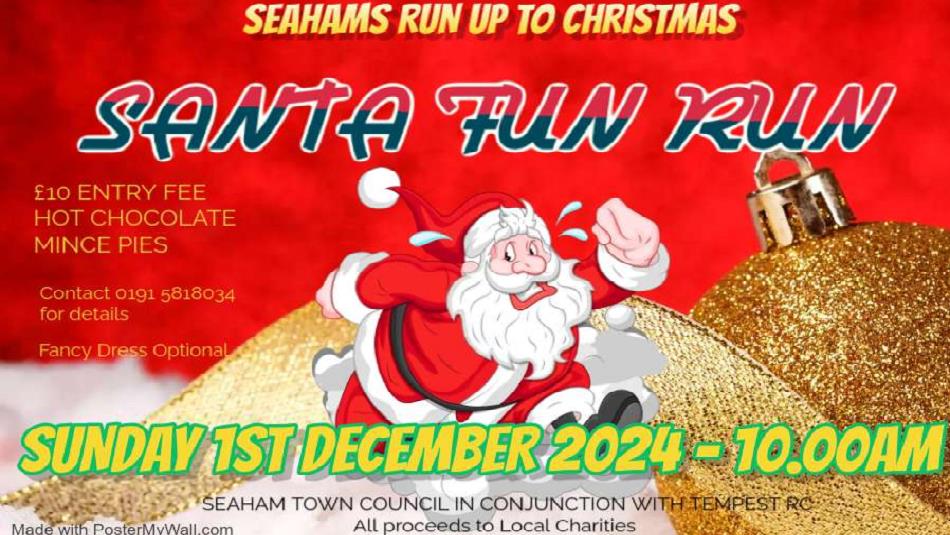 Santa Fun Run. Seaham's run up to Christmas. Illustration of Santa running over baubles and ribbon.