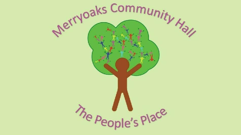 Text reads, 'Merryoaks Community Hall, The People's Place' with an illustration of a tree, in which the trunk looks like a person. and the leaves them