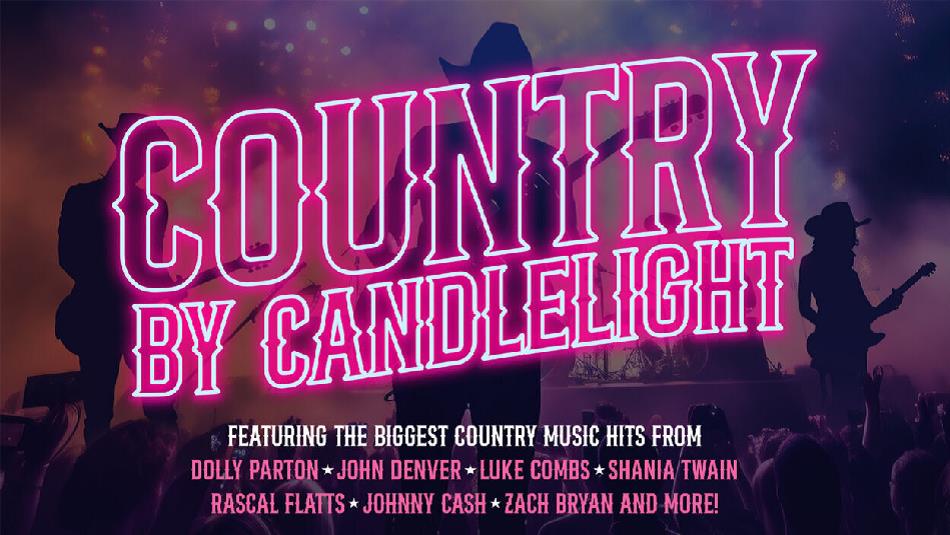 Silhouette of Country singers performing on a hazy stage. 'Country by Candlelight'