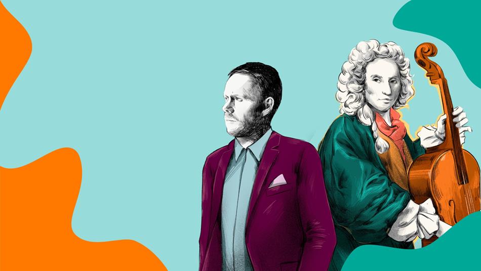 Illustration of Max Richter and Vivaldi standing back to back.
