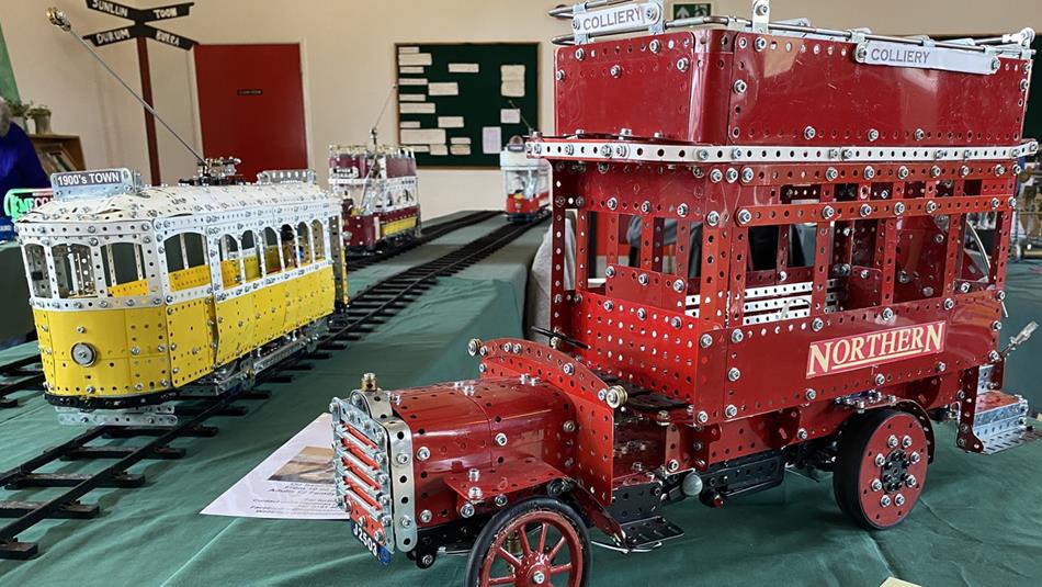 Model trams and buses as part of the Meccano Exhibition at Beamish, The Living Museum of the North.
