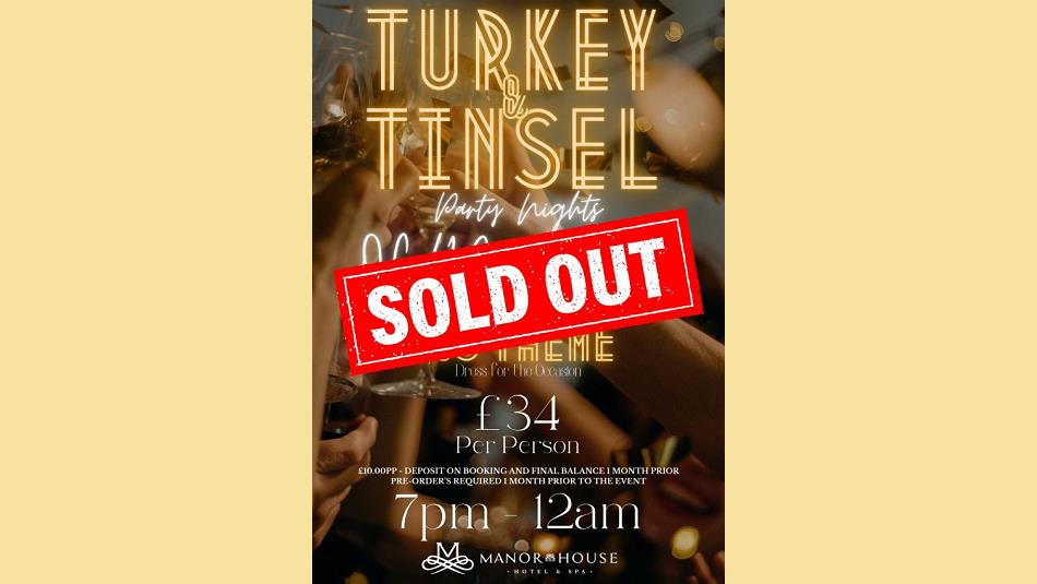 Text - 'Turkey & Tinsel, Sold Out' against a background of people holding wine glasses.