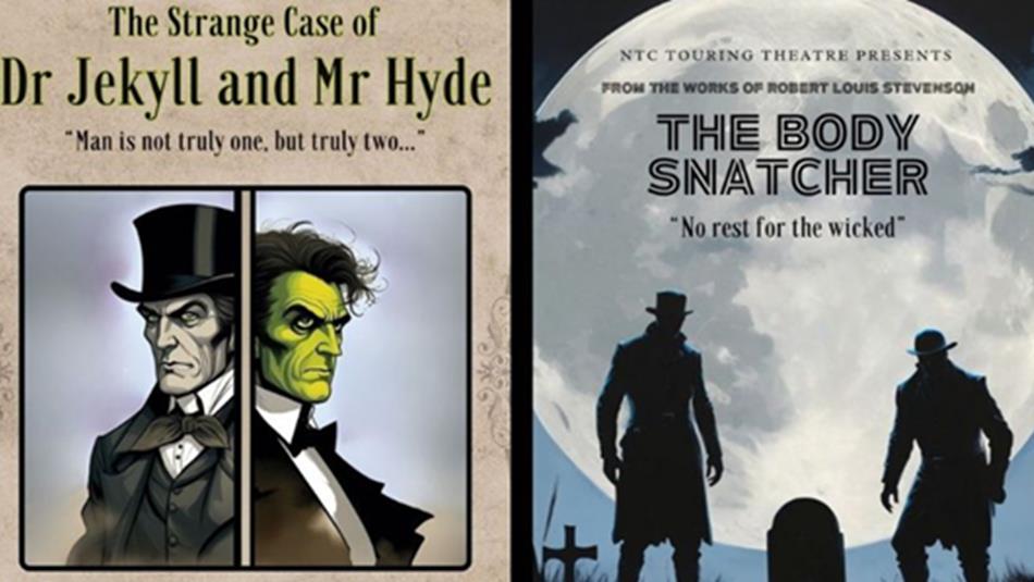 (Left) illustration of Dr Jekyll and Mr Hyde. (Right) The Body Snatcher. Silhouette of two people in a graveyard under a full moon.
