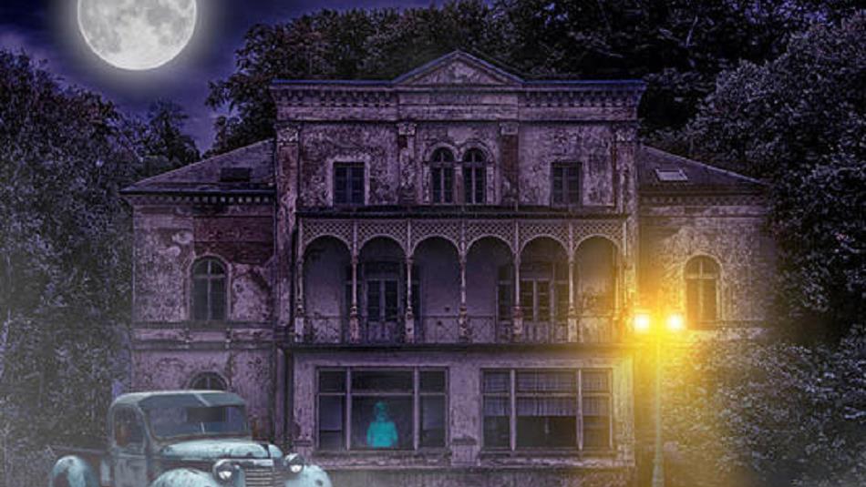 Illustration of a spooky manor, dimly lit, with a car outside and eerie figure in the window.