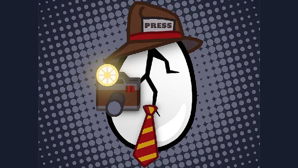Graphic image of a cracked egg, wearing a tie and hat reading 'press', with a camera.