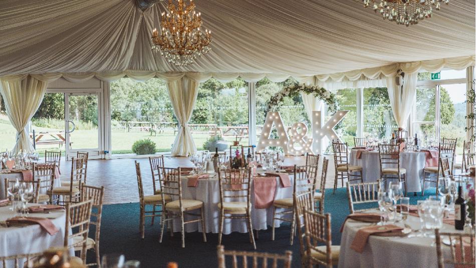 Orchard Marquee with panoramic views of the Beamish valley staged for a wedding