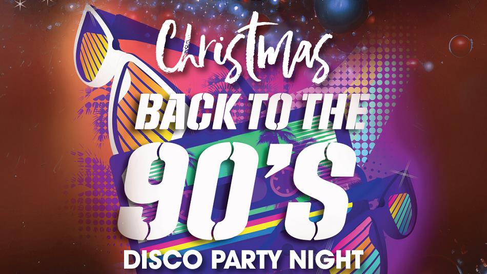 Graphic image of sunglasses, palm trees and stars - 'Back to The 90’s Disco Party'