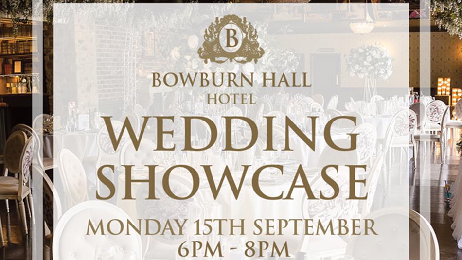 Wedding Showcase - Bowburn Hall Hotel 6PM-8PM, 15th September 2025. Background of tables set for a wedding.