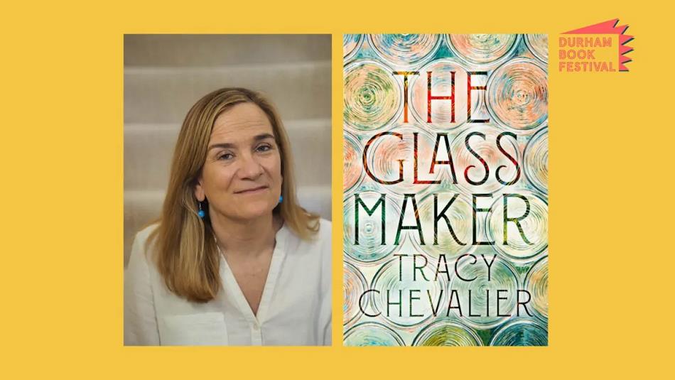 Photo of Tracy Chevalier, next to a cover of her book 'The Glass Maker'.