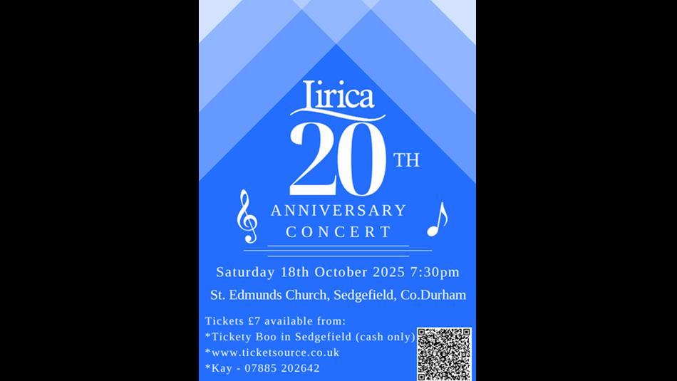 Lirica 20th Anniversary Concert Poster. Image of treble clef, stave and musical notes.