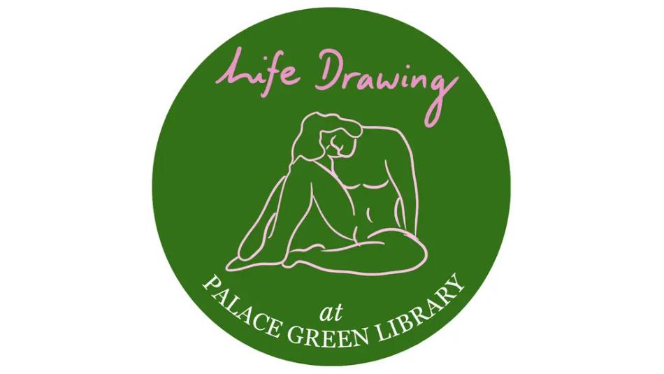 A green logo for a life drawing class with an illustrated outline of a naked figure sitting down