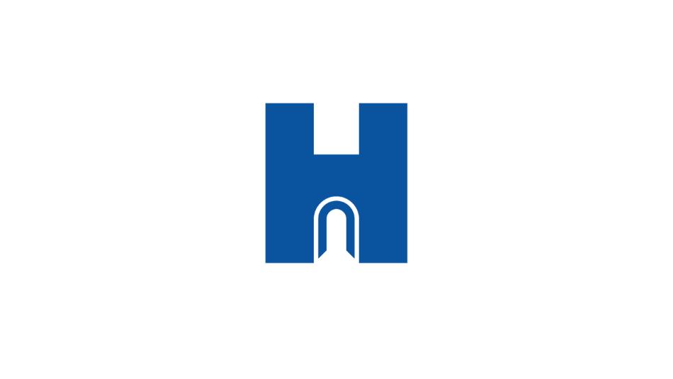 Blue cartoon of the letter 'H' in the shape of a castle on a white background
