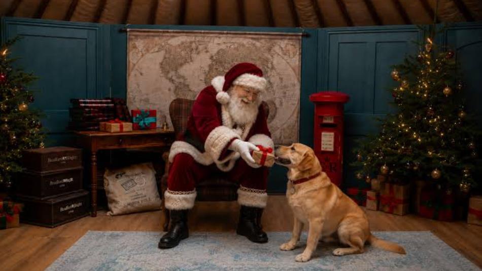 Santa sitting down in the Yuletide Yurt giving a golden retriever dog a small present