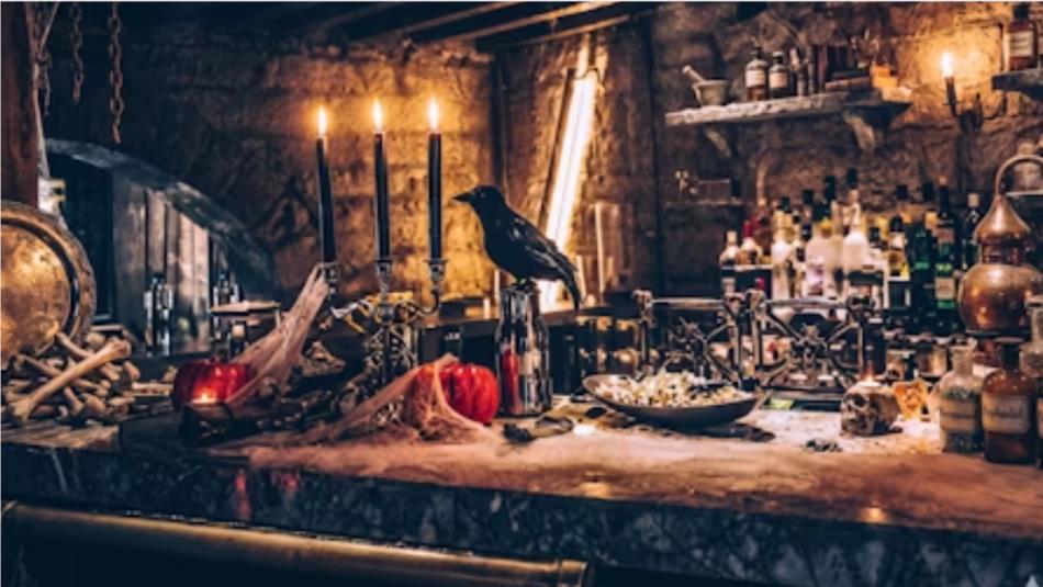 A spooky banquet table in a medieval stone room, with a crow and candles