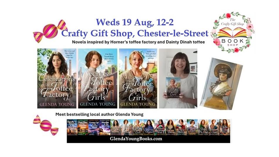 3 book covers of the Toffee Factory Girls with three historical people on the front, accompanied with the author smiling with her other books