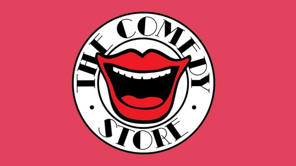 The Comedy Store Logo of a laughing red mouth on a pink background