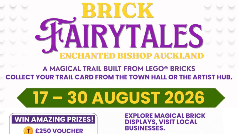 Yellow and purple font with a white lego brick background, 'Brick Fairytales, enchanted Bishop Auckland'