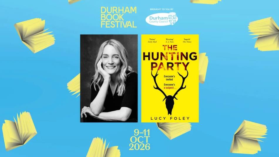 A photo of author Lucy Foley accompanied with the cover of her book The Hunting Party, on a blue background with cartoon books