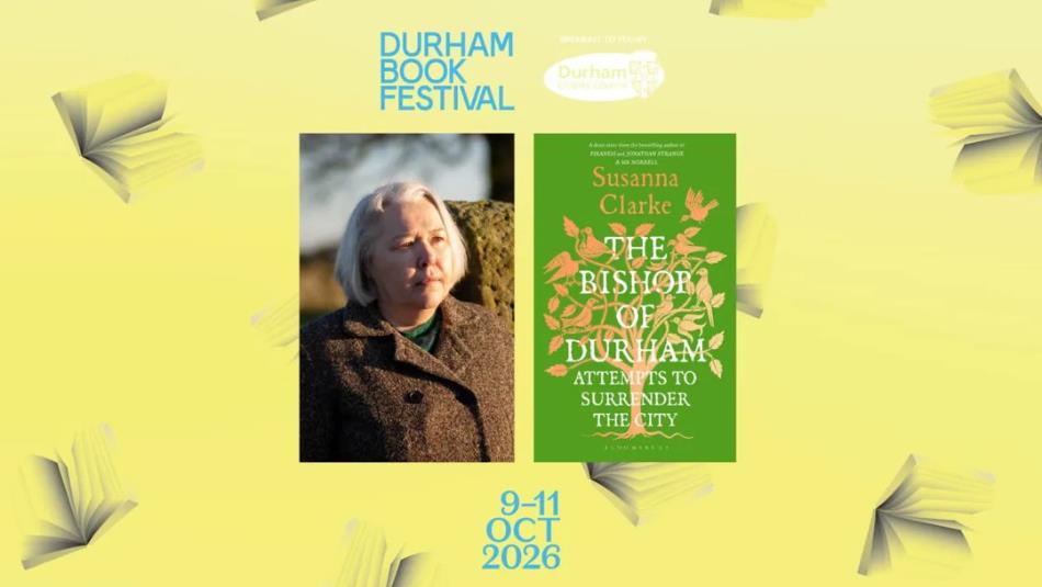 Author Susanna Clarke accompanied with her book The Bishops of Durham, on a light yellow background with cartoon books