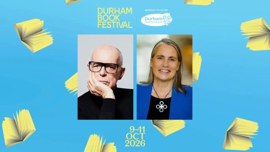 Singer Neil Tennant with Fiona Hill on a blue background surrounded by cartoon open books