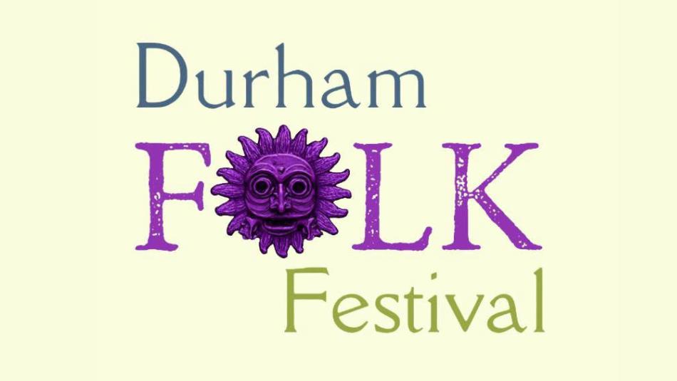 Durham folk festival logo with a purple sanctuary knocker as the letter 'o', with a light yellow background.