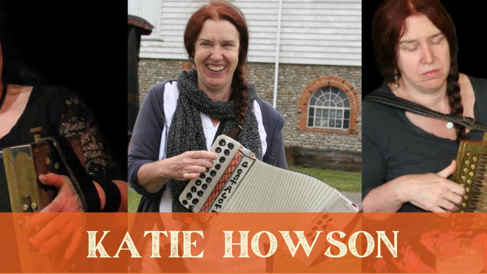 Musician Katie Howson, holding an accordion with her name at the bottom.