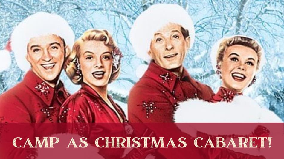 4 festive people in the snow, in an illustrated style, with the font 'Camp as Christmas Cabaret' underneath