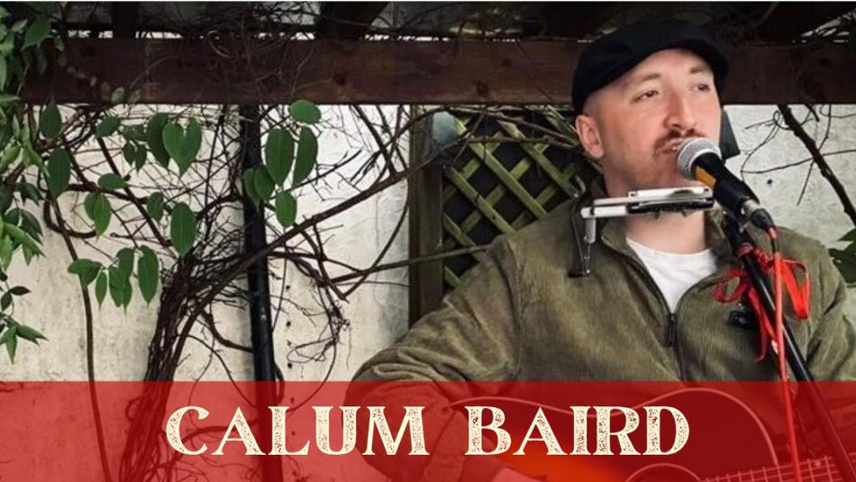 A person singing outside with a guitar and microphone, with the text 'Calum Baird' underneath.