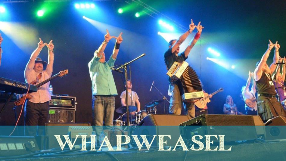 Eight people on stage with folk instruments, making the letter 'W' with their hands, the text 'Whapweasel' underneath.
