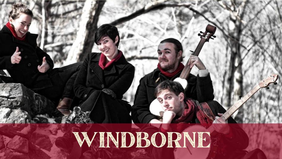 Four people sat on a stone wall in the woods, holding folk instruments and wearing black and red coats. The text 'Windborne' underneath.