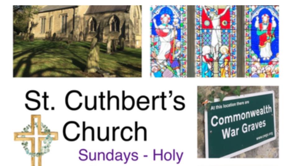 St Cuthbert's Church, with stained glass windows, commonwealth war graves and exterior view of the church.