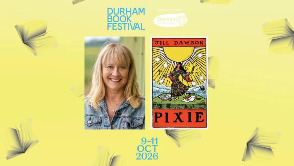 Author Jill Dawson, accompanied with the cover of her book Pixie, in the shape of a tarot card, on a yellow background surrounded by illustrated books